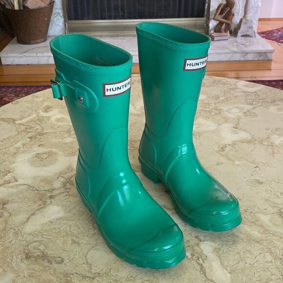Hunter Short Glossy Waterproof Rain Boots Teal - Picture 1 of 13